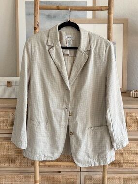LL BEAN Cream Blue Linen Plaid Blazer Sz 14